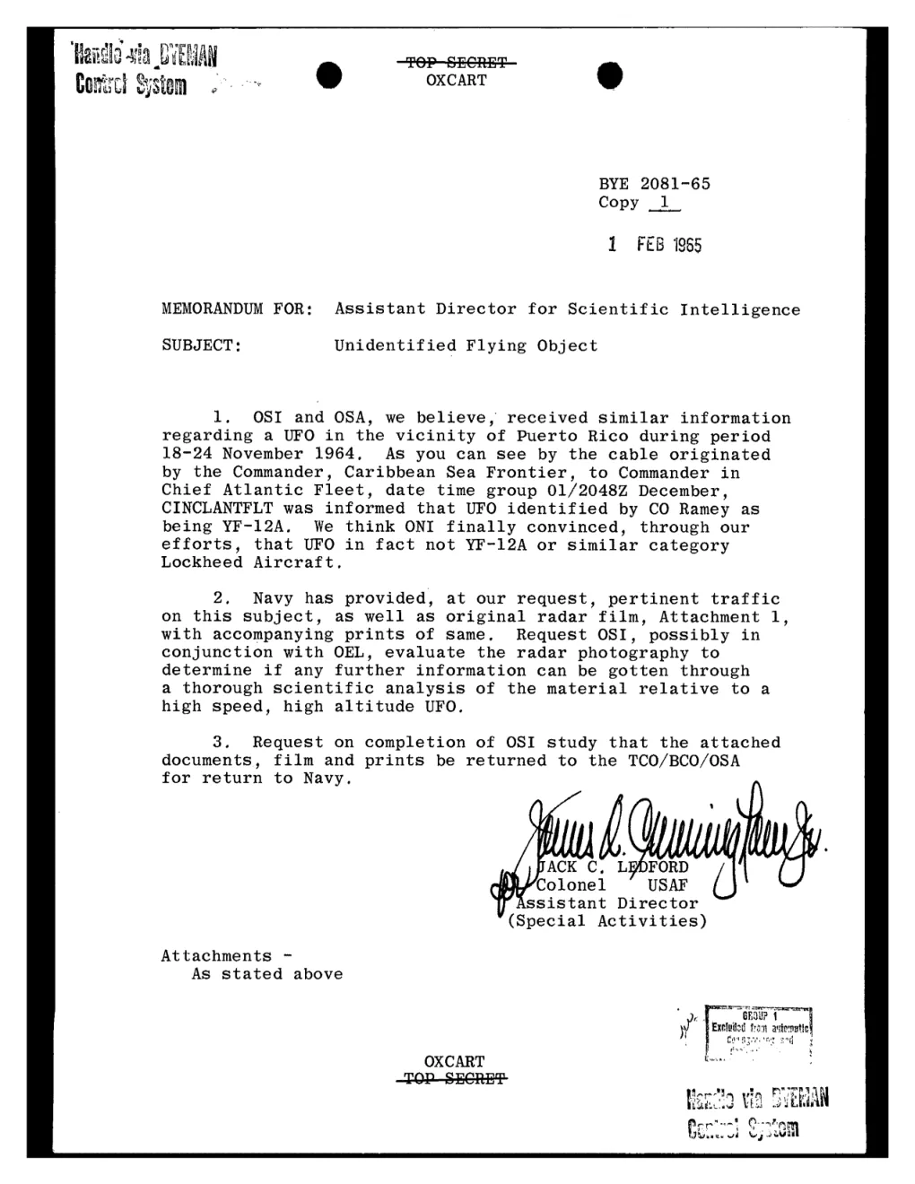 Memorando mecanografiado con las marcas «Top Secret» tachadas, «OXCART» y «Handle via BYEMAN Control System», fechado el 1 de febrero de 1965 y firmado por el coronel Jack C. Ledford.