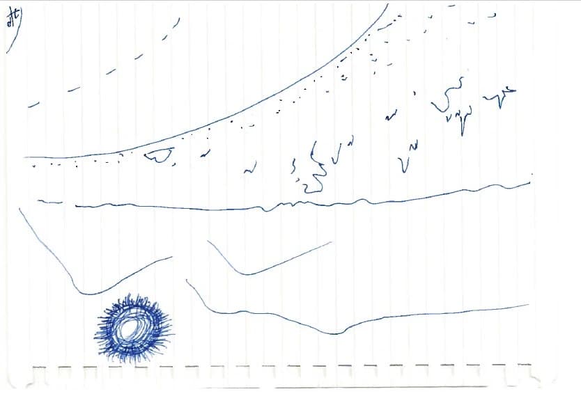 Boceto a bolígrafo en papel rayado: líneas de crestas, puntos y trazos en el cielo y, abajo a la izquierda, una bola de luz dibujada con trazos en espiral.