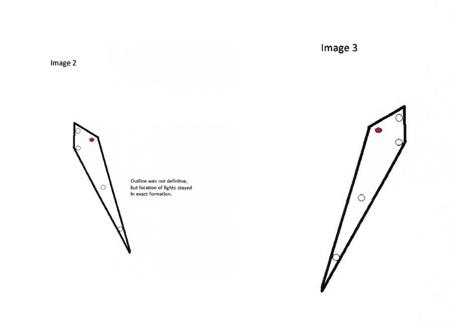 Dos dibujos de una forma alargada en cuña con cinco luces pequeñas, una roja, inclinada primero hacia un lado y después hacia el otro. Nota: «Outline was not definitive, but location of lights stayed in exact formation».